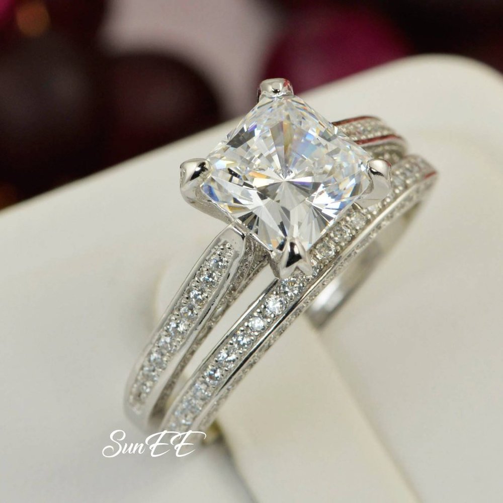 NEW 925 STERLING SILVER PRINCESS CUT ENGAGEMENTWEDDING DIAMOND RING - Picture 2 of 8